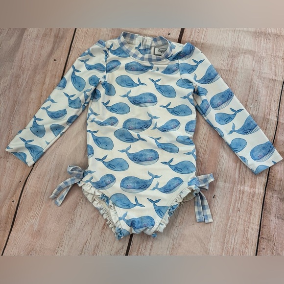 Sugar Bee Ruffle Bottom Swimsuit Whales Rashguard Gingham One Piece Size 4t - Picture 3 of 5